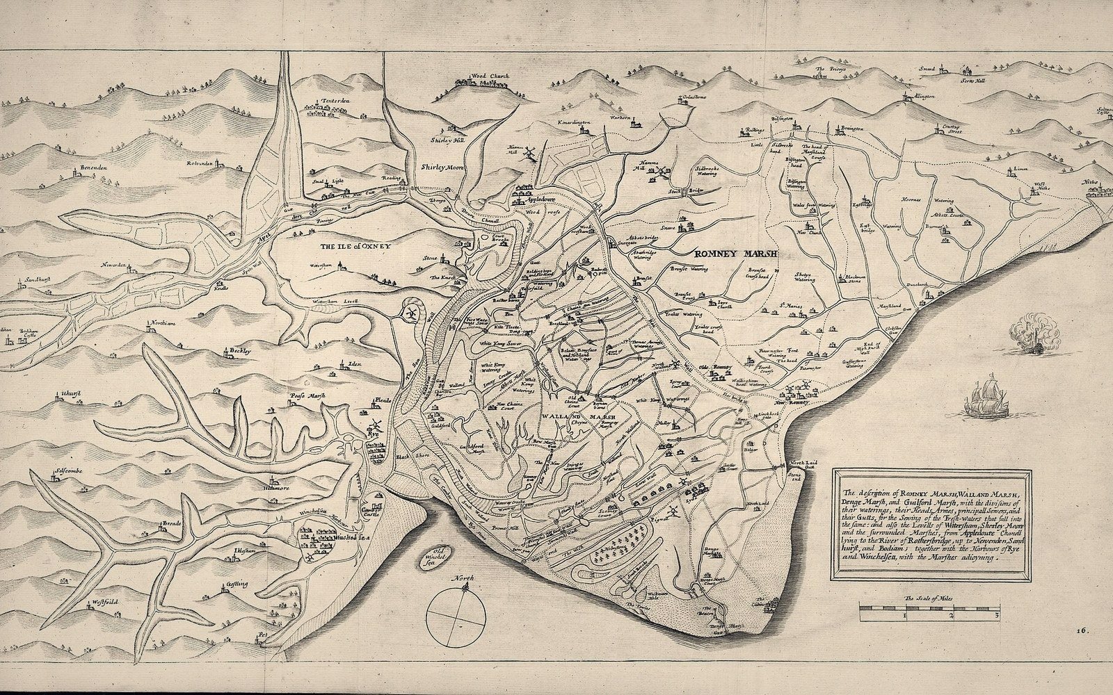 Old engraved map showing Romney Marsh, Walland Marsh and the Isle of Oxney with coastal ships