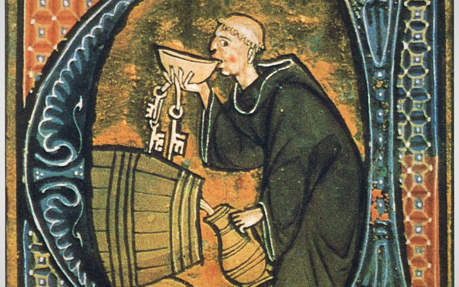 Medieval illuminated manuscript shows a robed monk drinking from a bowl beside a wine barrel