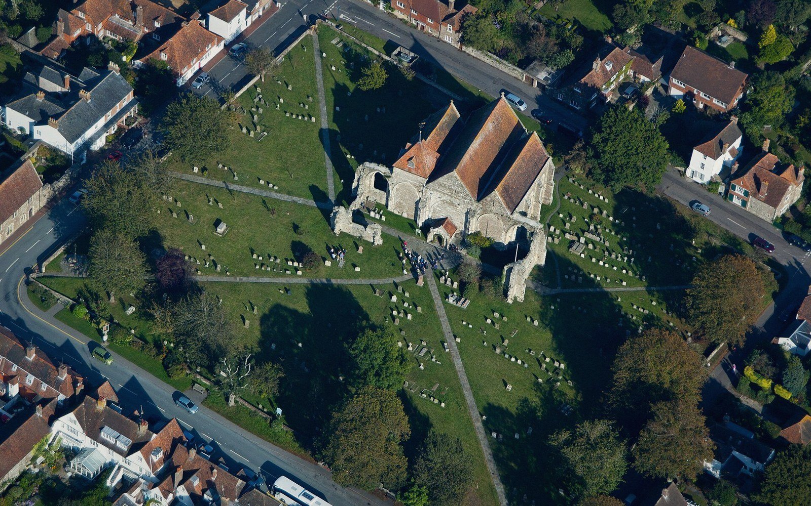The Winchelsea street grid from the air in flat overcast light, occupied blocks and empty grass quarters