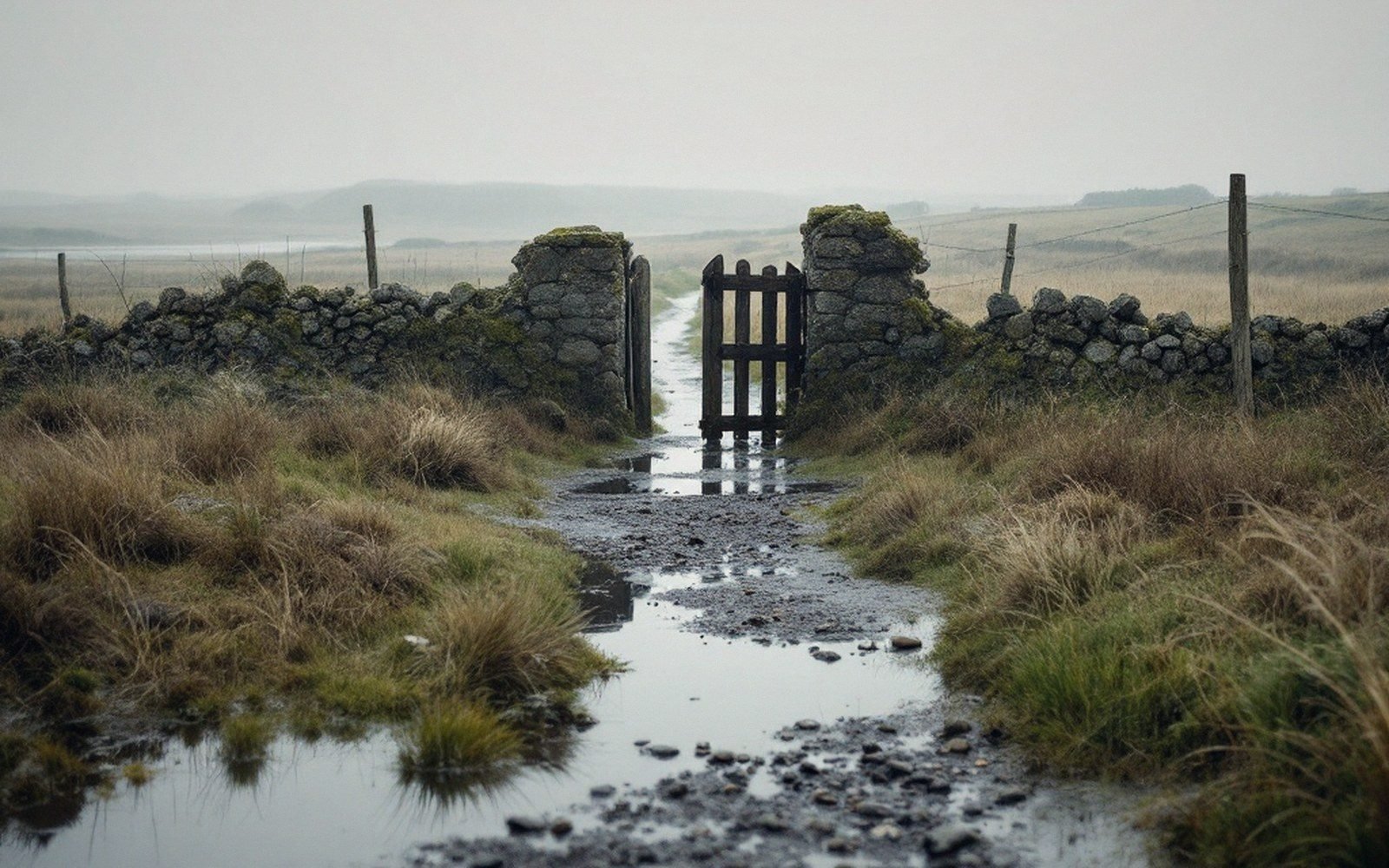 Standing water on grazing levels under a low grey sky